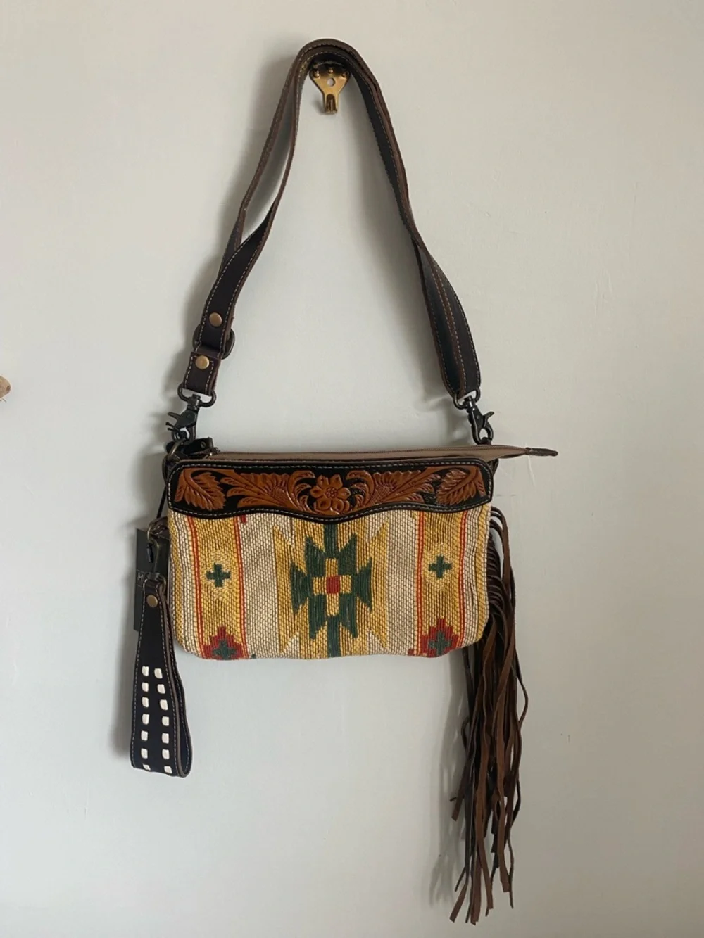 Myra Bag Woven Southwest Crossbody with Tooled Brown Leather Trim - Picture 3 of 9